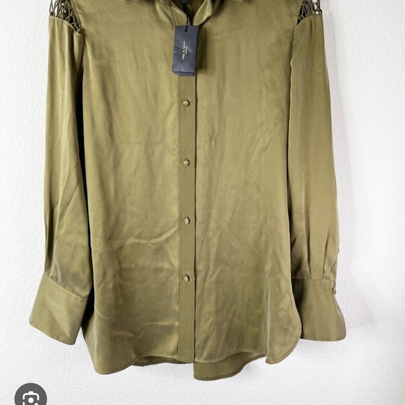 rag & bone Tops - Olive Green Top with Lattice Sleeve Detail
